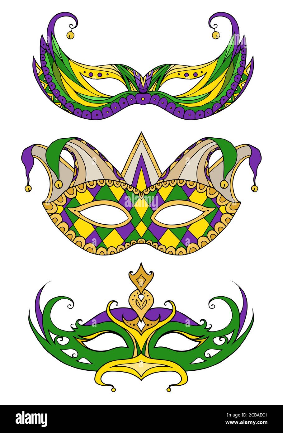 Ensemble de masques pour le visage de Doodle dessinés à la main. Festival Mardi gras, mascarade. Illustration de Vecteur