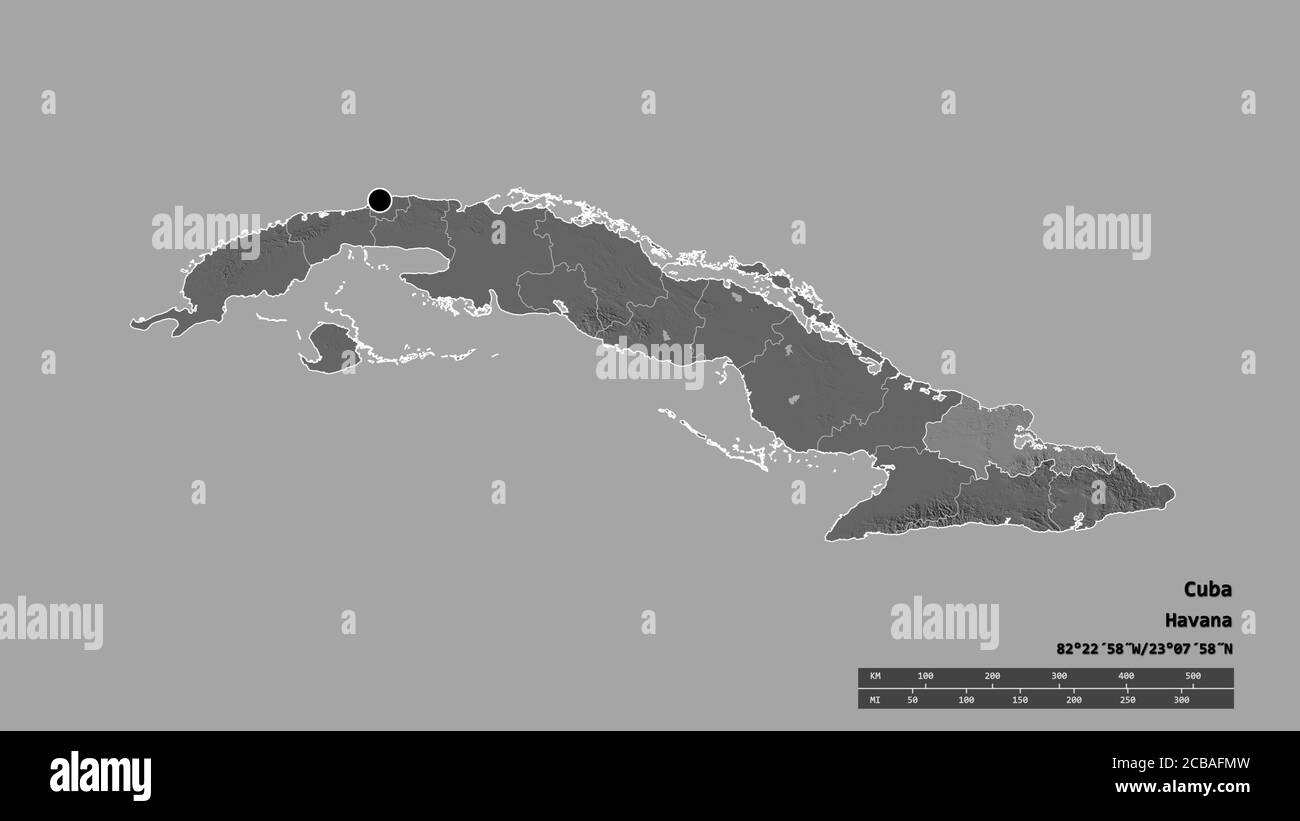 La forme désaturée de Cuba avec sa capitale, sa principale division régionale et la région séparée de Holguín. Étiquettes. Carte d'élévation à deux niveaux. Rendu 3D Banque D'Images