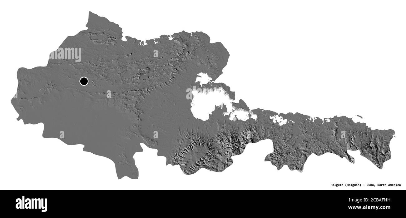 Forme de Holguín, province de Cuba, avec sa capitale isolée sur fond blanc. Carte d'élévation à deux niveaux. Rendu 3D Banque D'Images