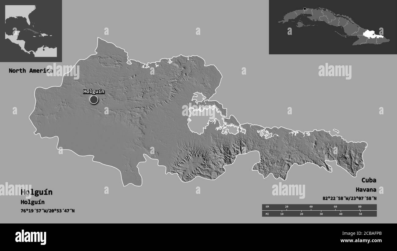 Forme de Holguín, province de Cuba, et sa capitale. Echelle de distance, aperçus et étiquettes. Carte d'élévation à deux niveaux. Rendu 3D Banque D'Images