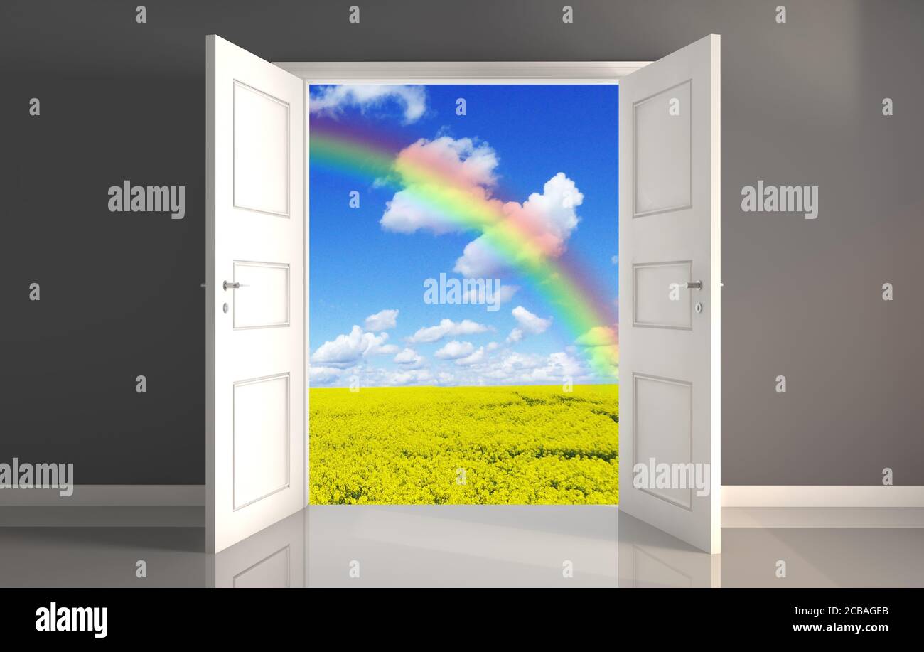 Rendu 3D de l'arc-en-ciel dans le champ affiché derrière les portes blanches ouvertes Banque D'Images