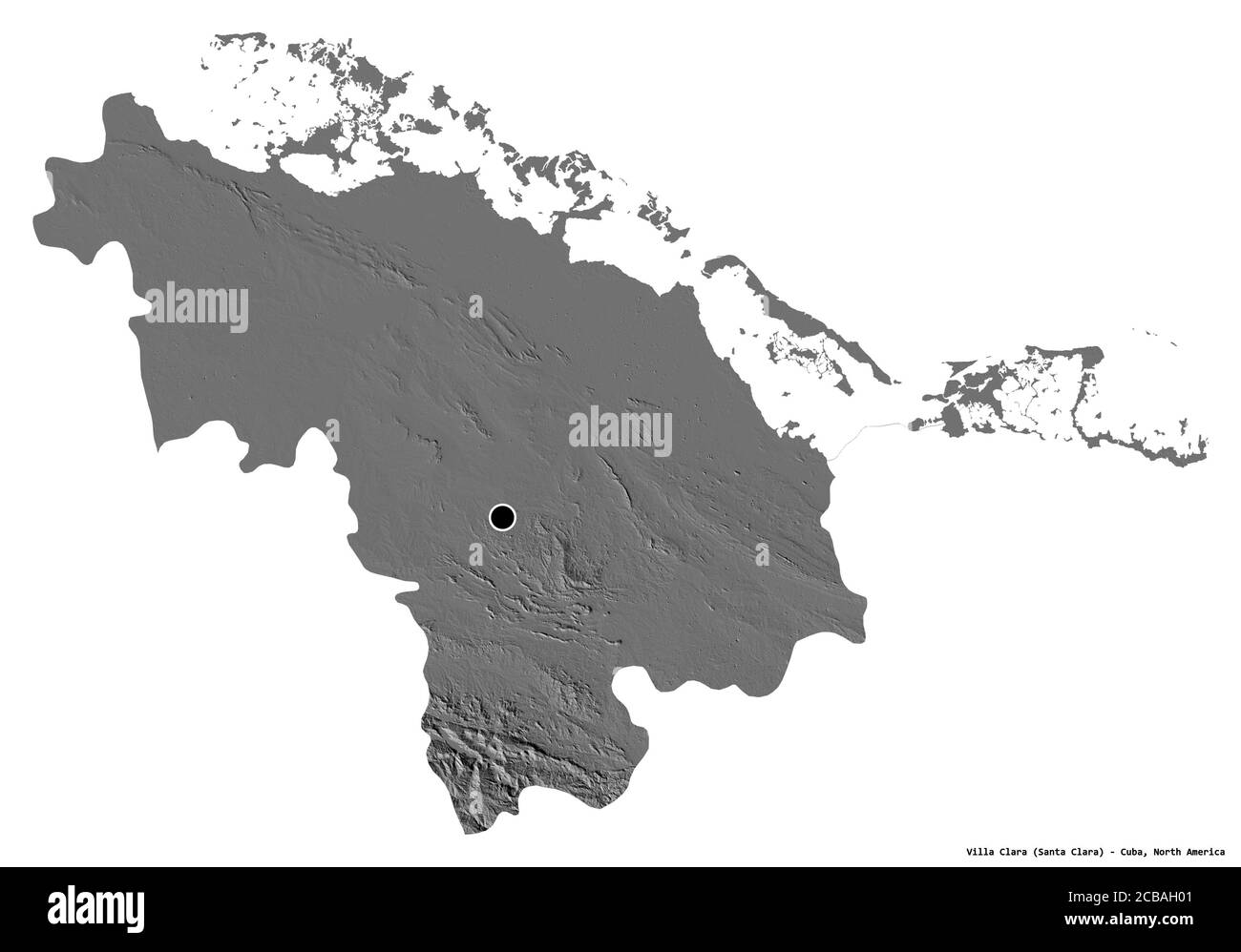Forme de Villa Clara, province de Cuba, avec sa capitale isolée sur fond blanc. Carte d'élévation à deux niveaux. Rendu 3D Banque D'Images