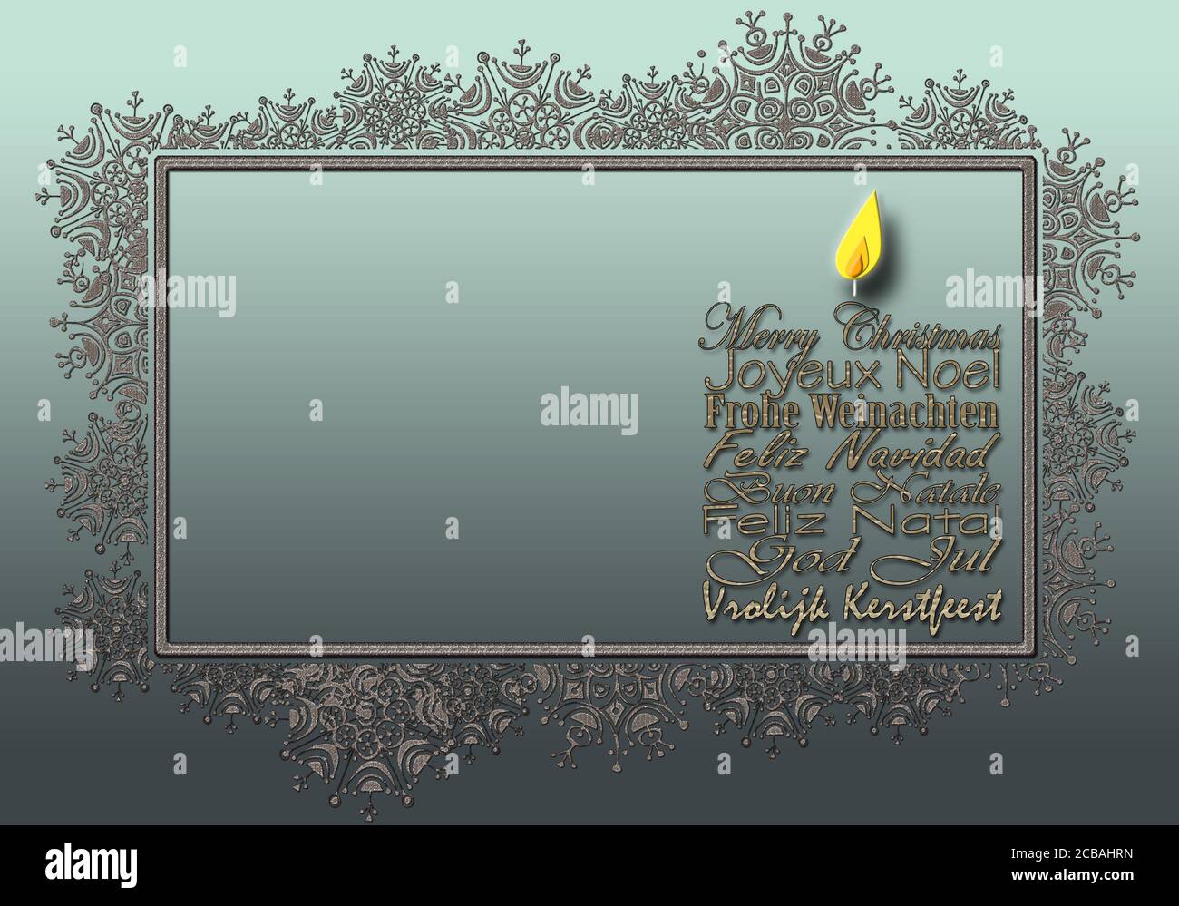 Traduction de Merry Christmas. Vœux internationaux de Noël en plusieurs langues Anglais, Français, Allemand, Portugais, Italien, Espagnol, Suédois, Néerlandais. Avec bordure en flocon de neige, illustration 3D Banque D'Images