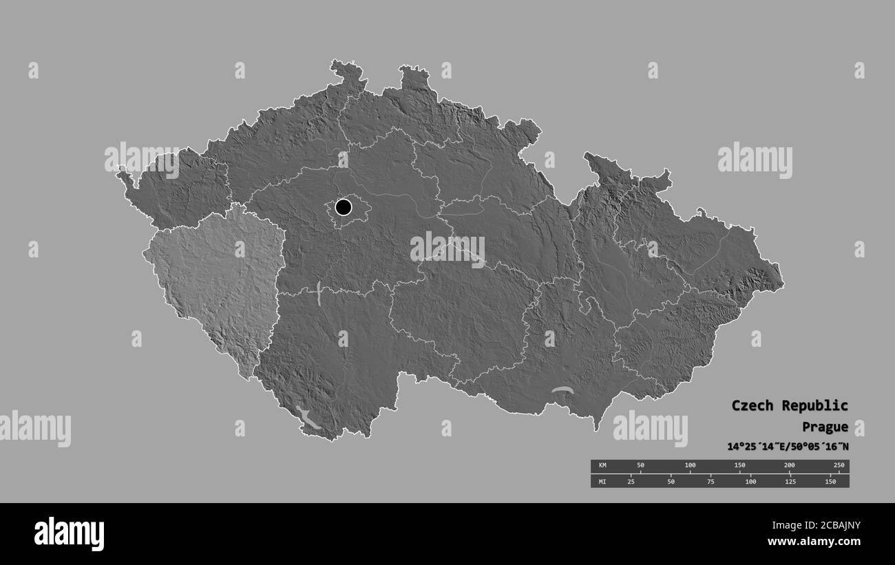 La République tchèque a été désaturée par sa capitale, sa principale division régionale et la région séparée de Plzeňský. Étiquettes. Carte d'élévation à deux niveaux. Rendu 3D Banque D'Images
