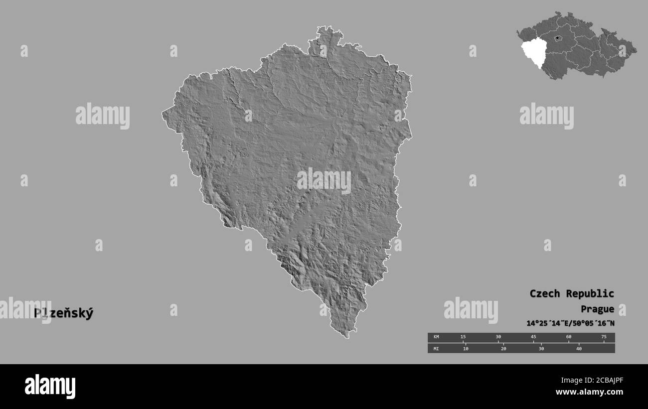 Forme de Plzeňský, région de la République tchèque, avec sa capitale isolée sur fond solide. Échelle de distance, aperçu de la région et libellés. Elevati biniveau Banque D'Images