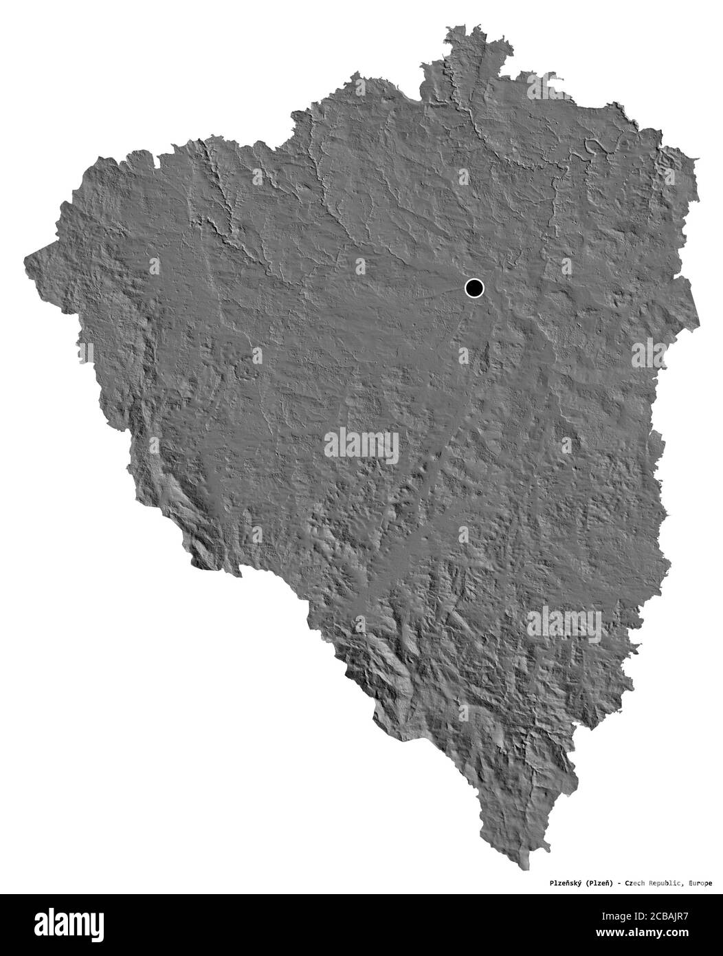 Forme de Plzeňský, région de la République tchèque, avec sa capitale isolée sur fond blanc. Carte d'élévation à deux niveaux. Rendu 3D Banque D'Images