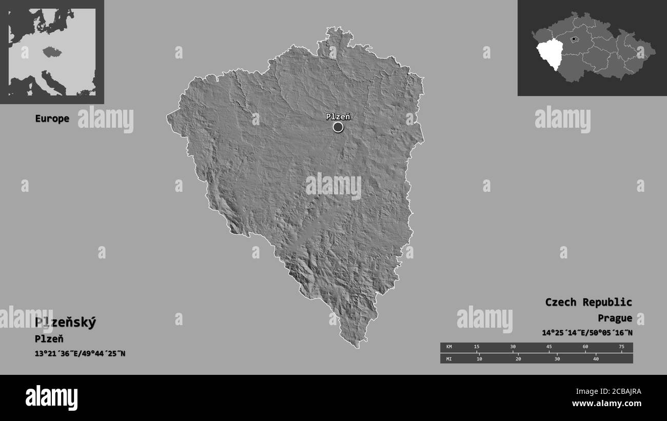 Forme de Plzeňský, région de la République tchèque, et sa capitale. Echelle de distance, aperçus et étiquettes. Carte d'élévation à deux niveaux. Rendu 3D Banque D'Images
