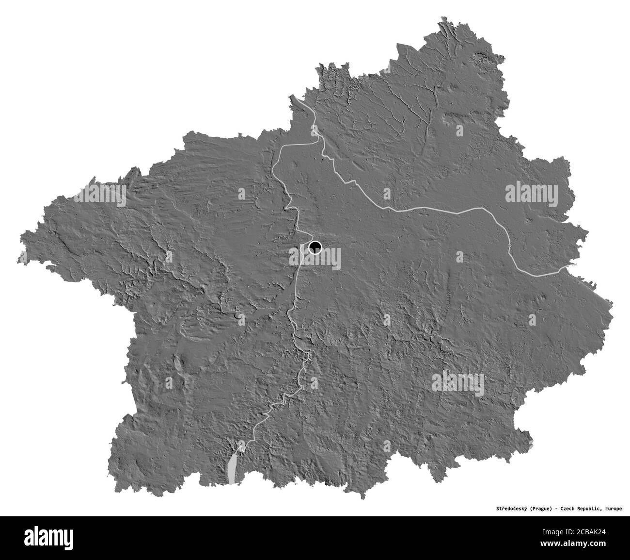 Forme de Středočeský, région de la République tchèque, avec sa capitale isolée sur fond blanc. Carte d'élévation à deux niveaux. Rendu 3D Banque D'Images