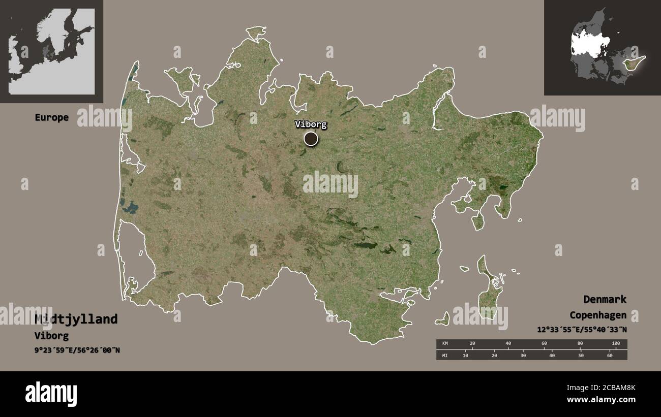 Forme de Midtjylland, région du Danemark, et sa capitale. Echelle de distance, aperçus et étiquettes. Imagerie satellite. Rendu 3D Banque D'Images