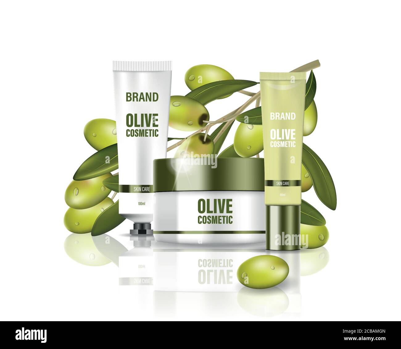 Pot à crème hydratante avec lait, crème pour le visage, le corps et les mains à l'huile d'olive. Affiche cosmétique avec fond vert olives. Cosmétique isolée Illustration de Vecteur Pot à crème hydratante avec lait, crème pour le visage, le corps et les mains à l'huile d'olive. Affiche cosmétique avec fond vert olives. Cosmétique isolée Illustration de Vecteur