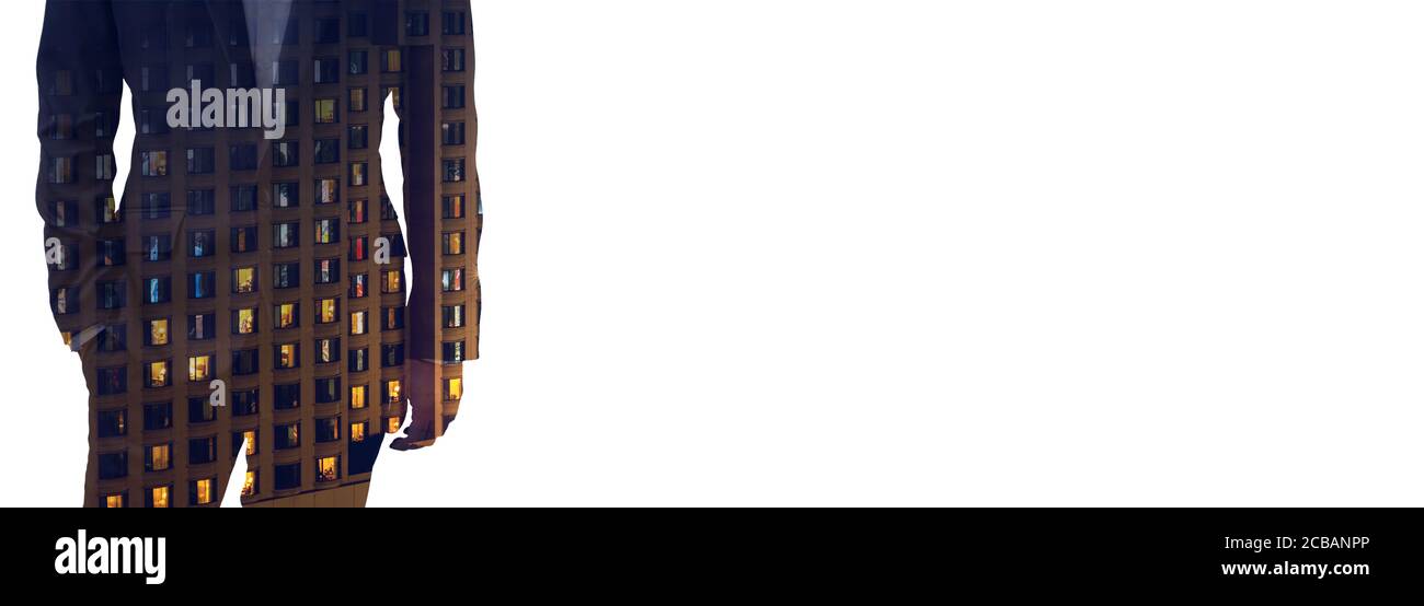 Double exposition image de la personne d'affaires et des gratte-ciels avec façade en verre isolent le fond blanc. Les futurs secteurs des affaires et des technologies de communication conc Banque D'Images