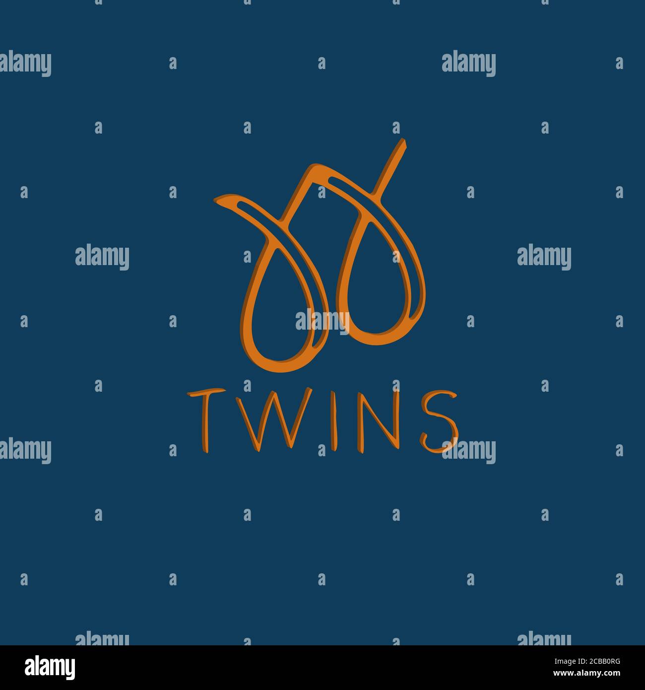 Logo orange sur fond bleu. Symbole et inscription « Twins ». Signe pour la publicité, l'étiquette, la marque de commerce de produits ou de services pour les jumeaux. Illustration de Vecteur