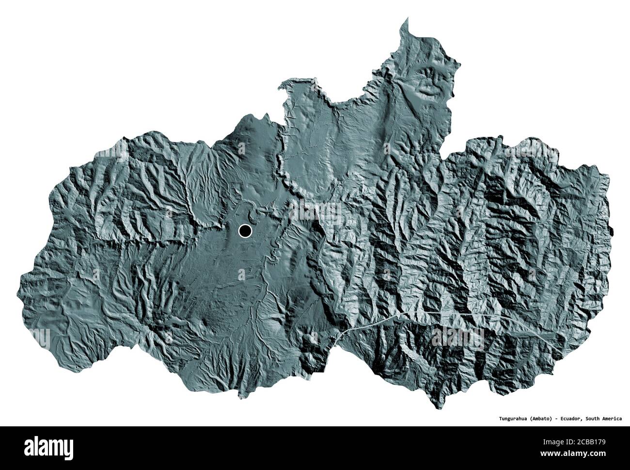 Forme de Tungurahua, province de l'Équateur, avec sa capitale isolée sur fond blanc. Carte d'altitude en couleur. Rendu 3D Banque D'Images