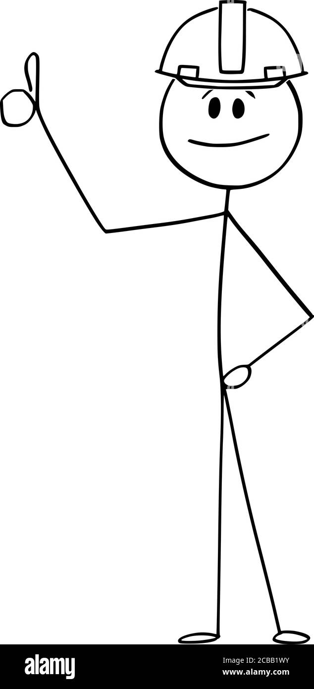 Dessin de dessin vectoriel de bâton de dessin illustration conceptuelle d'un ouvrier de construction, d'un homme ou d'un homme d'affaires dans un casque de sécurité montrant le pouce vers le haut mouvement. Illustration de Vecteur