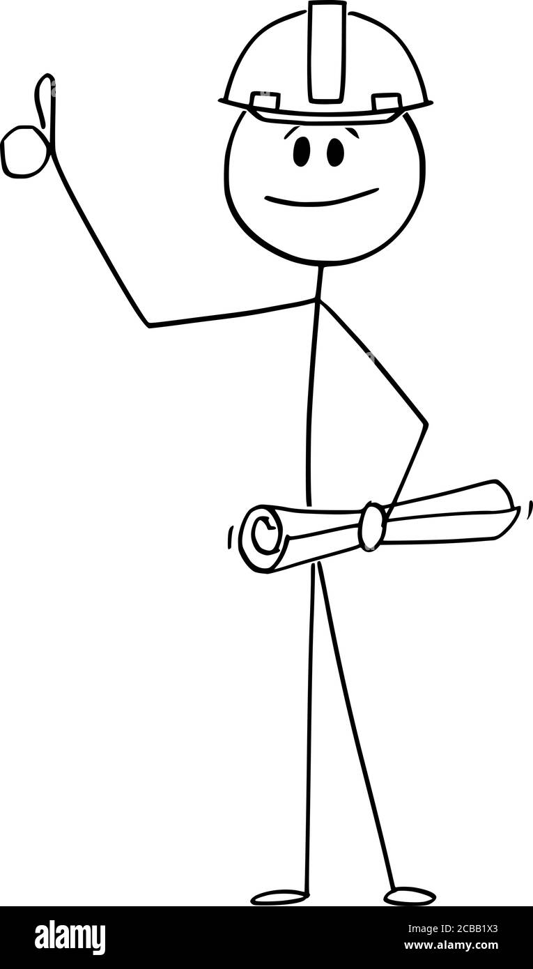 Dessin vectoriel en bâton de dessin dessin dessin illustration conceptuelle d'un ouvrier de construction, d'un ingénieur ou d'un homme d'affaires avec un plan dans un casque de sécurité montrant un mouvement de pouce vers le haut. Illustration de Vecteur