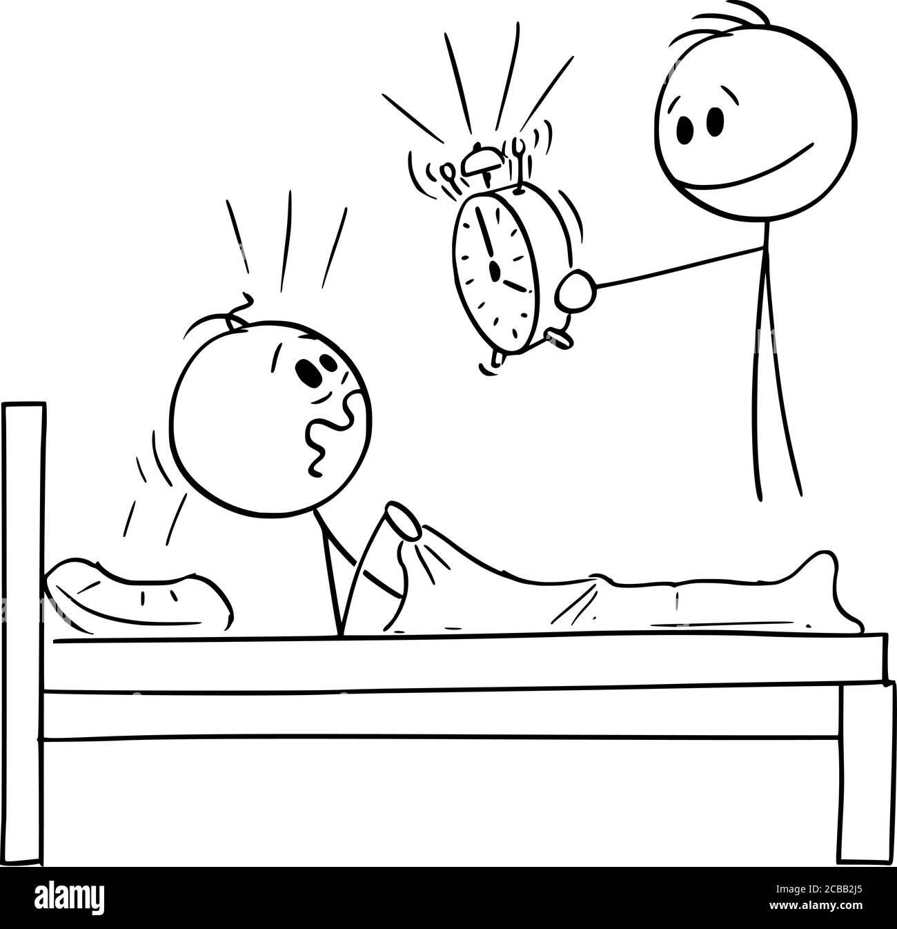 Dessin vectoriel de dessin de dessin de dessin de dessin de dessin conceptuel de l'homme se réveiller tôt par un autre homme avec le réveil. Illustration de Vecteur