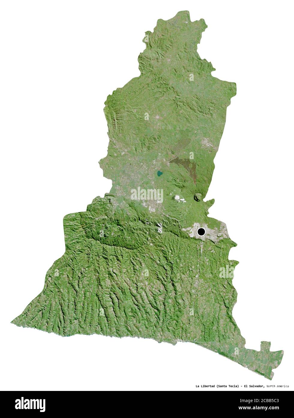 Forme de la Libertad, département d'El Salvador, avec sa capitale isolée sur fond blanc. Imagerie satellite. Rendu 3D Banque D'Images
