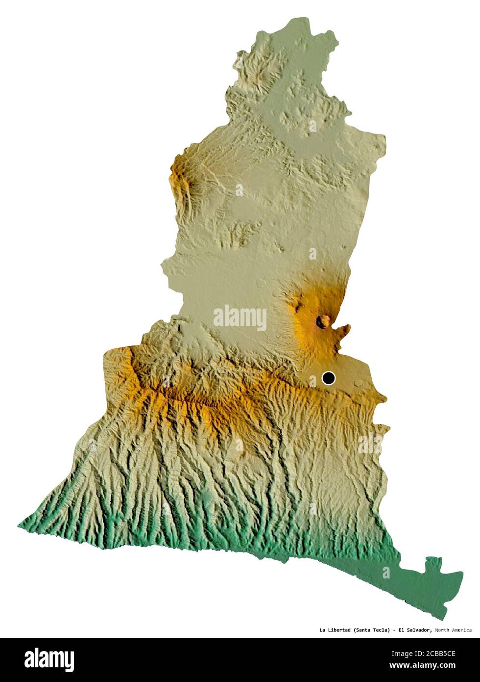 Forme de la Libertad, département d'El Salvador, avec sa capitale isolée sur fond blanc. Carte topographique de relief. Rendu 3D Banque D'Images