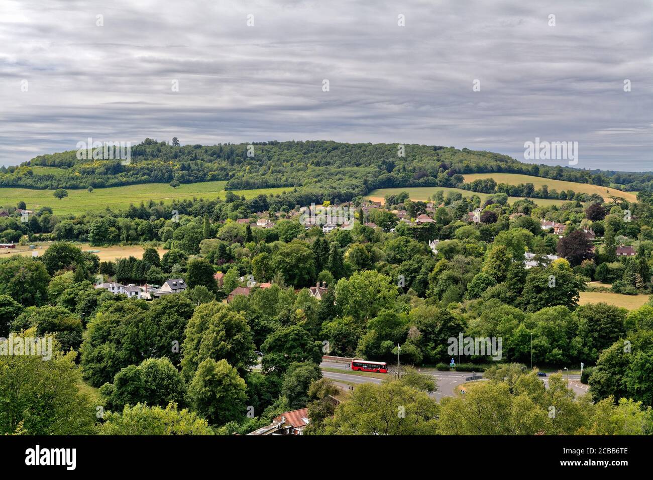 Un point de vue élevé de Box Hill of the North Downs près de Westhumble le jour de l'été, Dorking Surrey, Angleterre, Royaume-Uni Banque D'Images