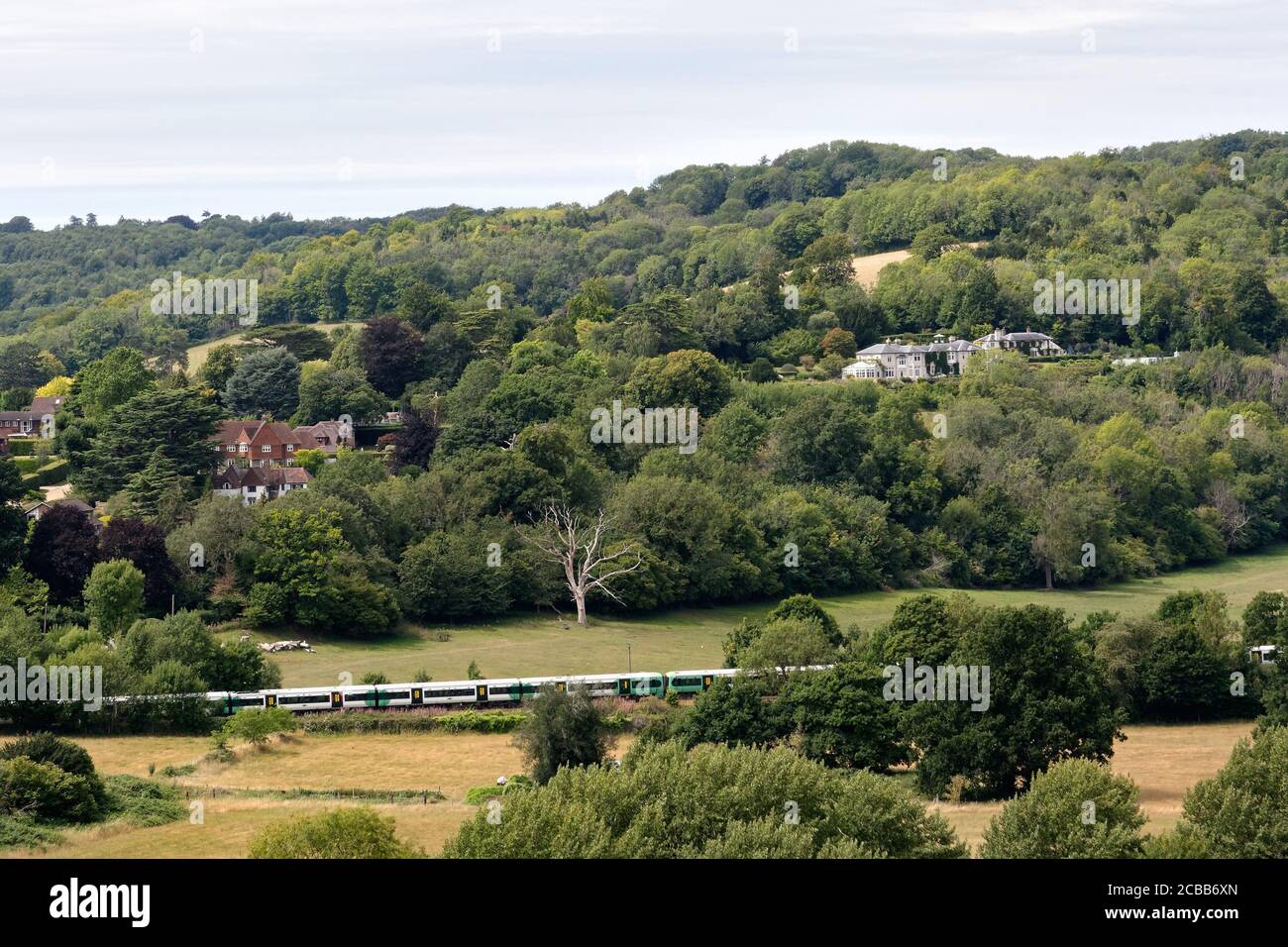 Un point de vue élevé de Box Hill of the North Downs près de Westhumble le jour de l'été, Dorking Surrey, Angleterre, Royaume-Uni Banque D'Images