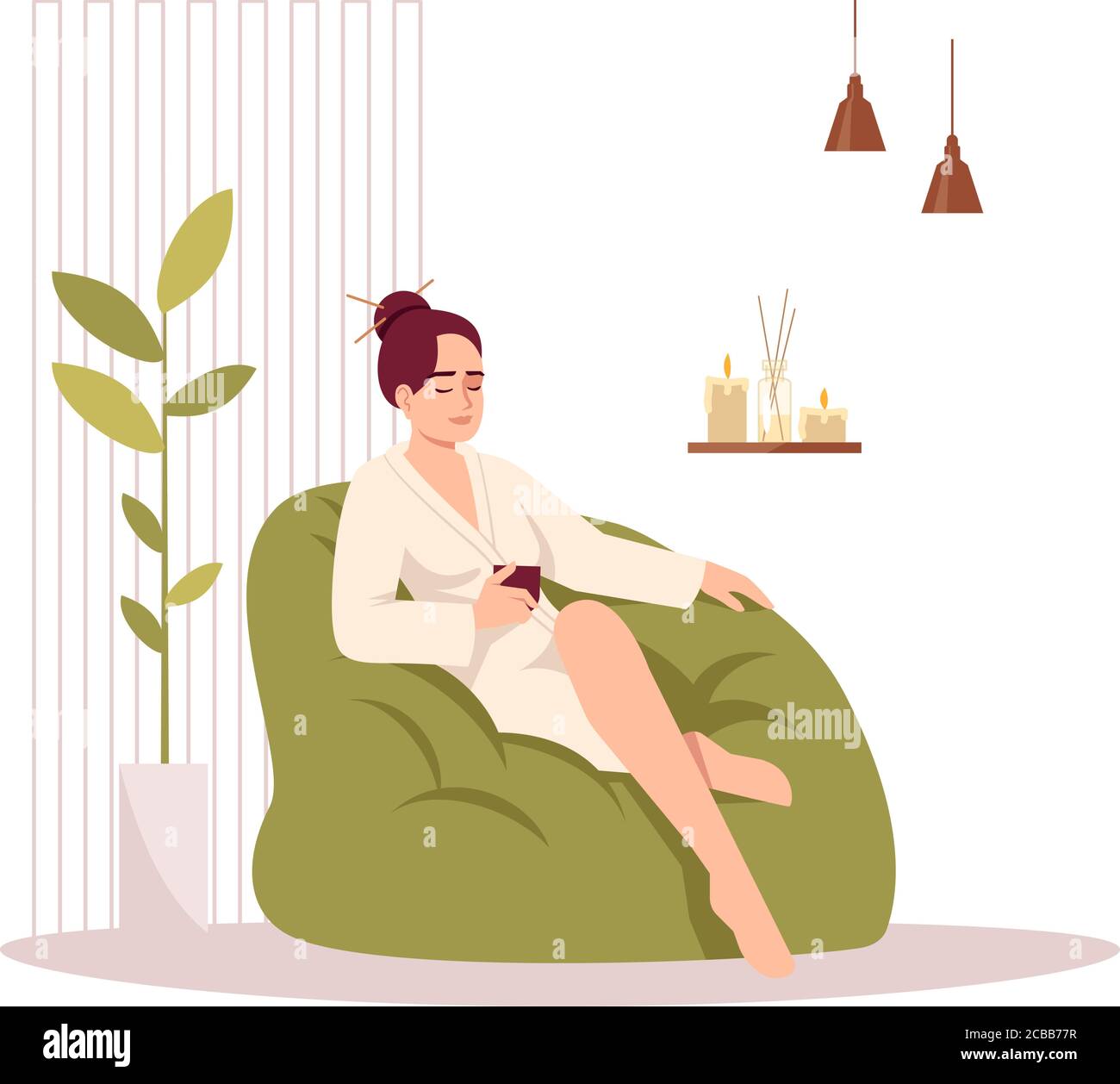 Self Care for Woman semi-Flat RGB color vector illustration. Soins spa pour  les soins du corps. Une fille s'assoit dans un fauteuil et se détend. Dame  en peignoir isolé ca Image Vectorielle