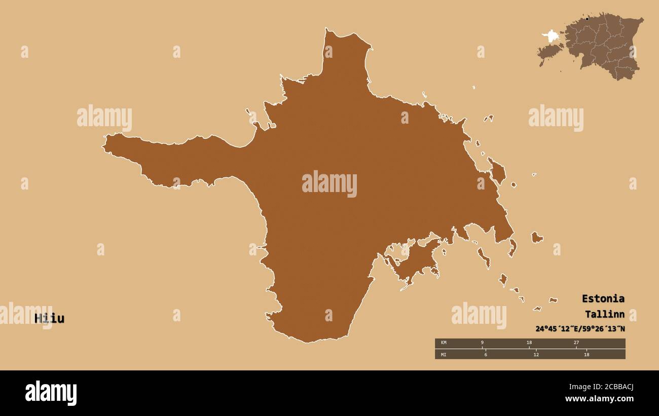 Forme de Hiiu, comté d'Estonie, avec sa capitale isolée sur fond solide. Échelle de distance, aperçu de la région et libellés. Composition de la t Banque D'Images