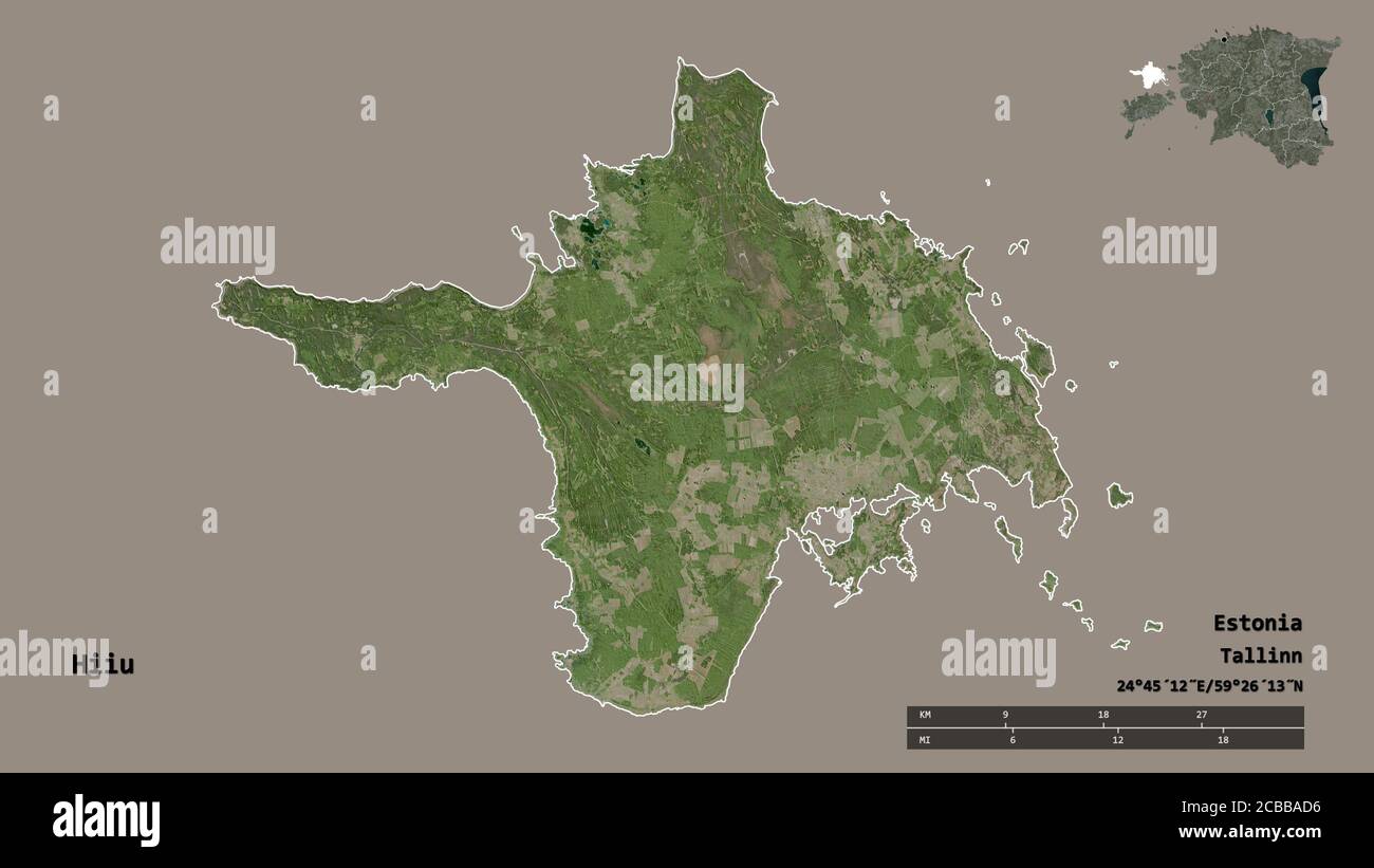 Forme de Hiiu, comté d'Estonie, avec sa capitale isolée sur fond solide. Échelle de distance, aperçu de la région et libellés. Imagerie satellite. Rend 3D Banque D'Images