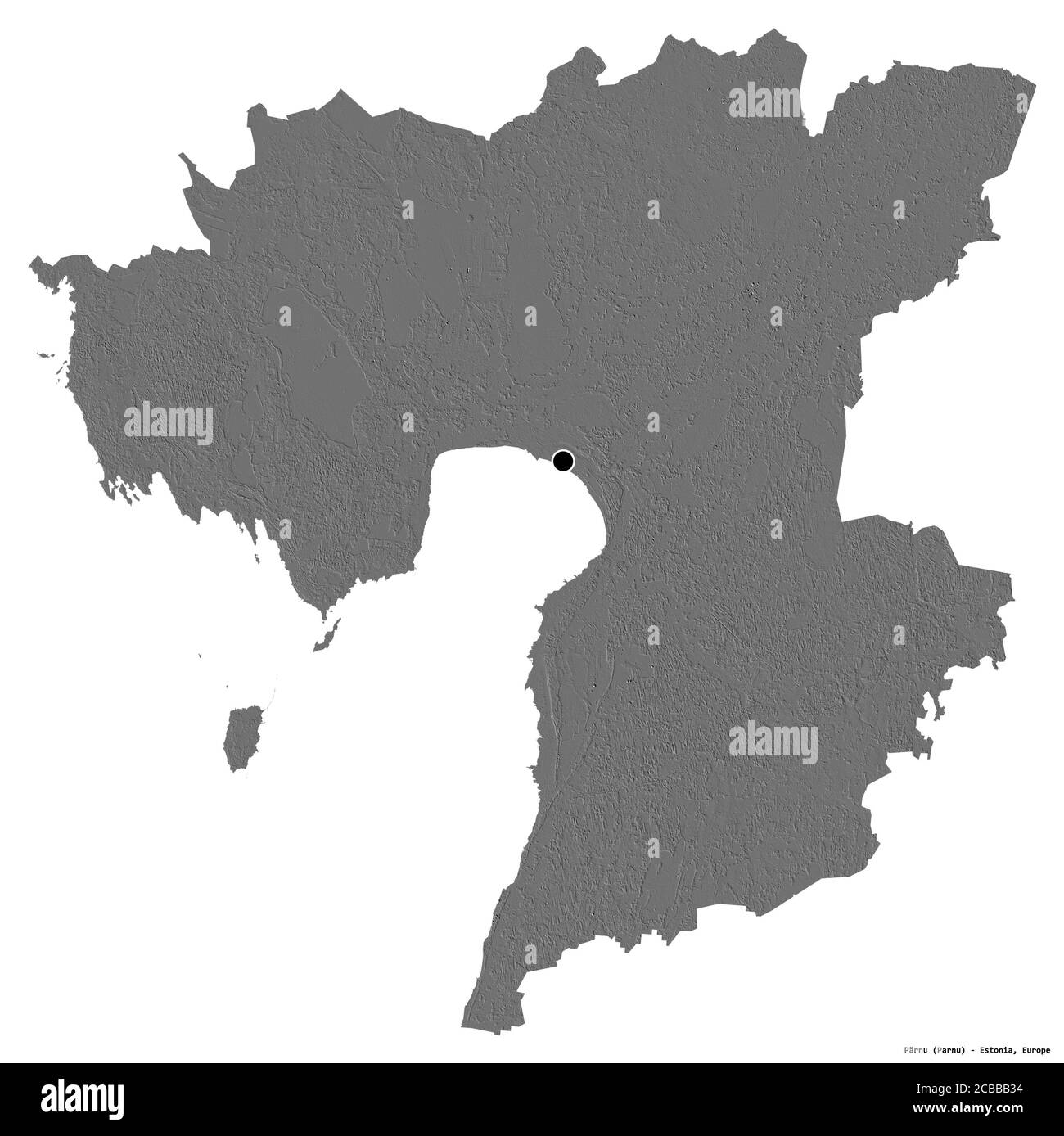 Forme de Pärnu, comté d'Estonie, avec sa capitale isolée sur fond blanc. Carte d'élévation à deux niveaux. Rendu 3D Banque D'Images