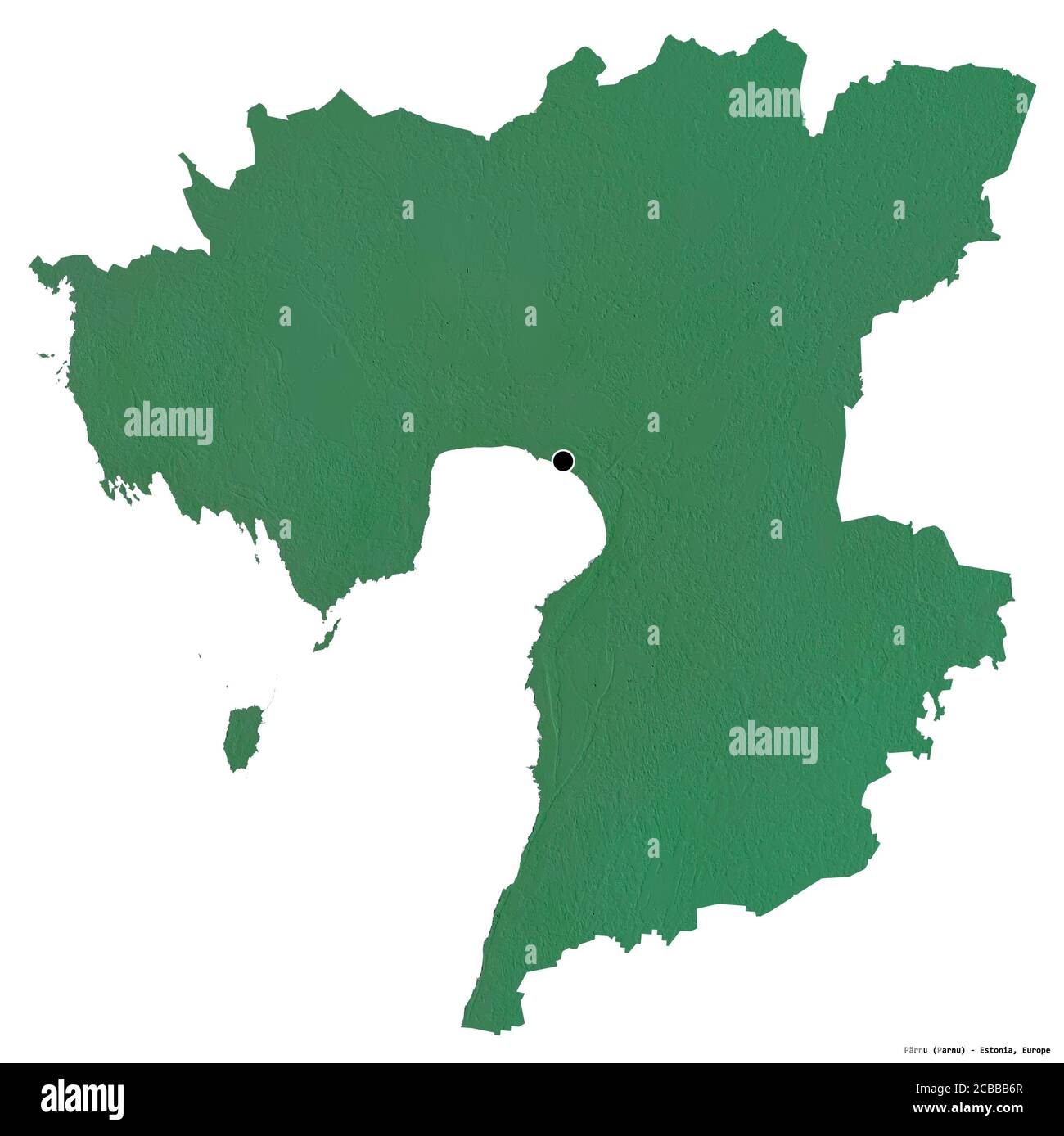 Forme de Pärnu, comté d'Estonie, avec sa capitale isolée sur fond blanc. Carte topographique de relief. Rendu 3D Banque D'Images