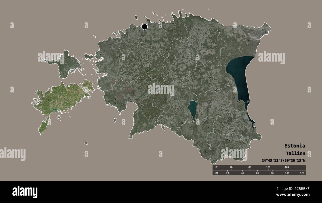 Forme désaturée de l'Estonie avec sa capitale, sa principale division régionale et la région séparée de Saare. Étiquettes. Imagerie satellite. Rendu 3D Banque D'Images