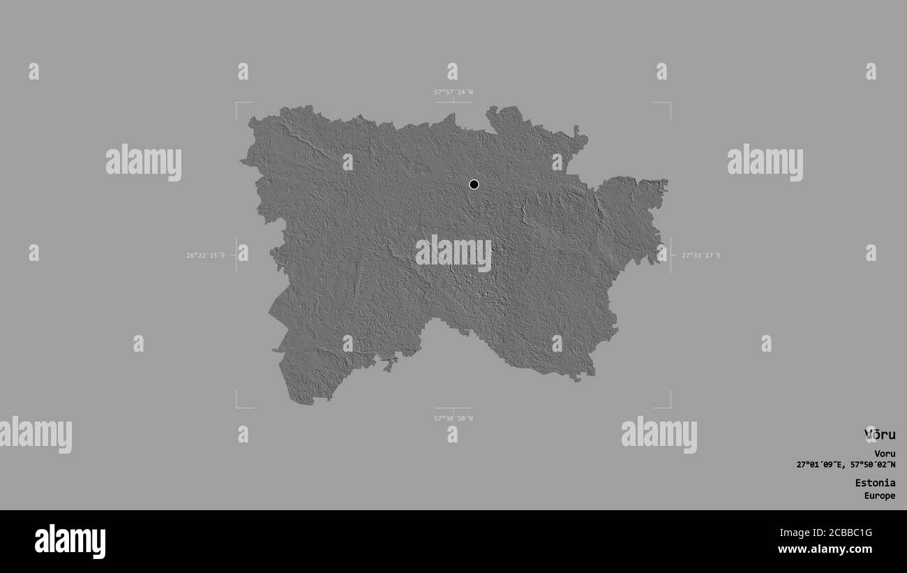 Région de Võru, comté d'Estonie, isolée sur un fond solide dans une boîte englobante géoréférencée. Étiquettes. Carte d'élévation à deux niveaux. Rendu 3D Banque D'Images