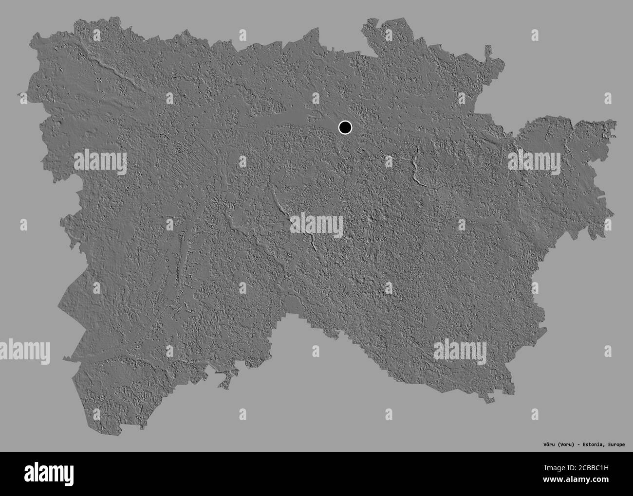 Forme de Võru, comté d'Estonie, avec sa capitale isolée sur un fond de couleur unie. Carte d'élévation à deux niveaux. Rendu 3D Banque D'Images