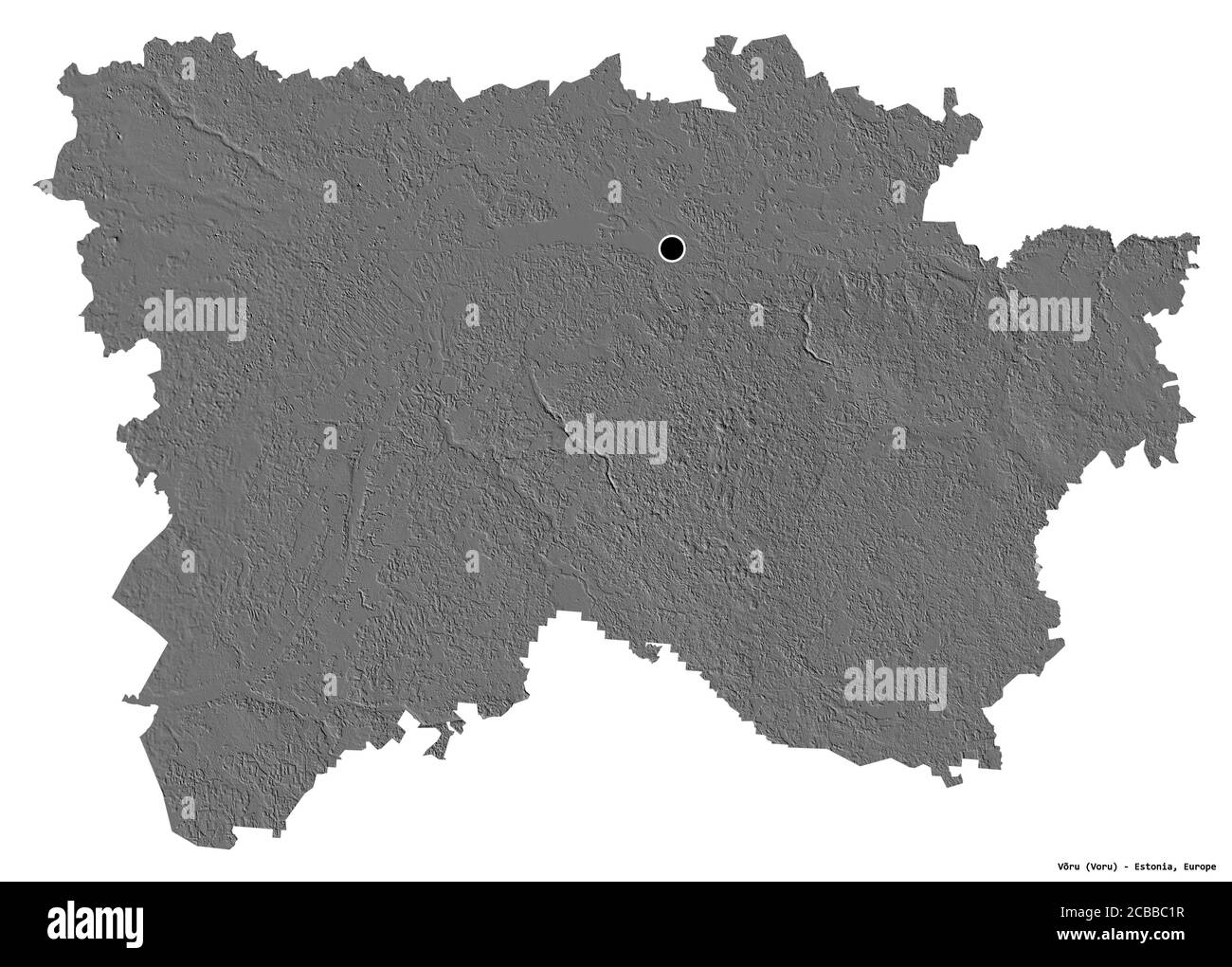 Forme de Võru, comté d'Estonie, avec sa capitale isolée sur fond blanc. Carte d'élévation à deux niveaux. Rendu 3D Banque D'Images
