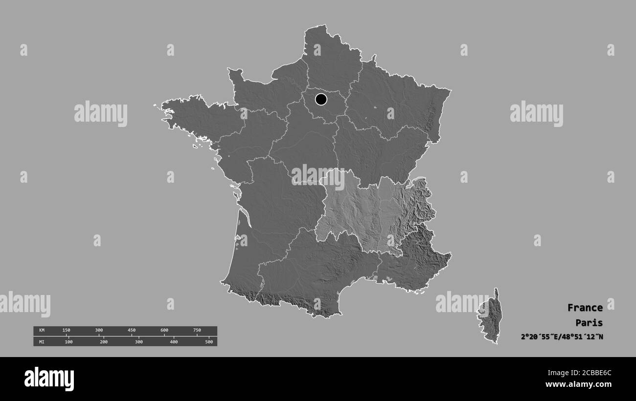 Forme désaturée de la France avec sa capitale, sa principale division régionale et la zone séparée Auvergne-Rhône-Alpes. Étiquettes. Carte d'élévation à deux niveaux. Réf. 3D Banque D'Images