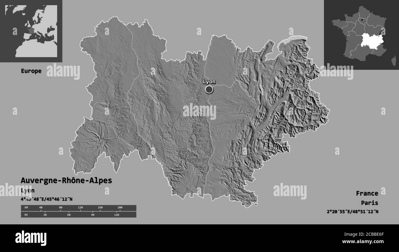 Forme d'Auvergne-Rhône-Alpes, région de France, et sa capitale. Echelle de distance, aperçus et étiquettes. Carte d'élévation à deux niveaux. Rendu 3D Banque D'Images