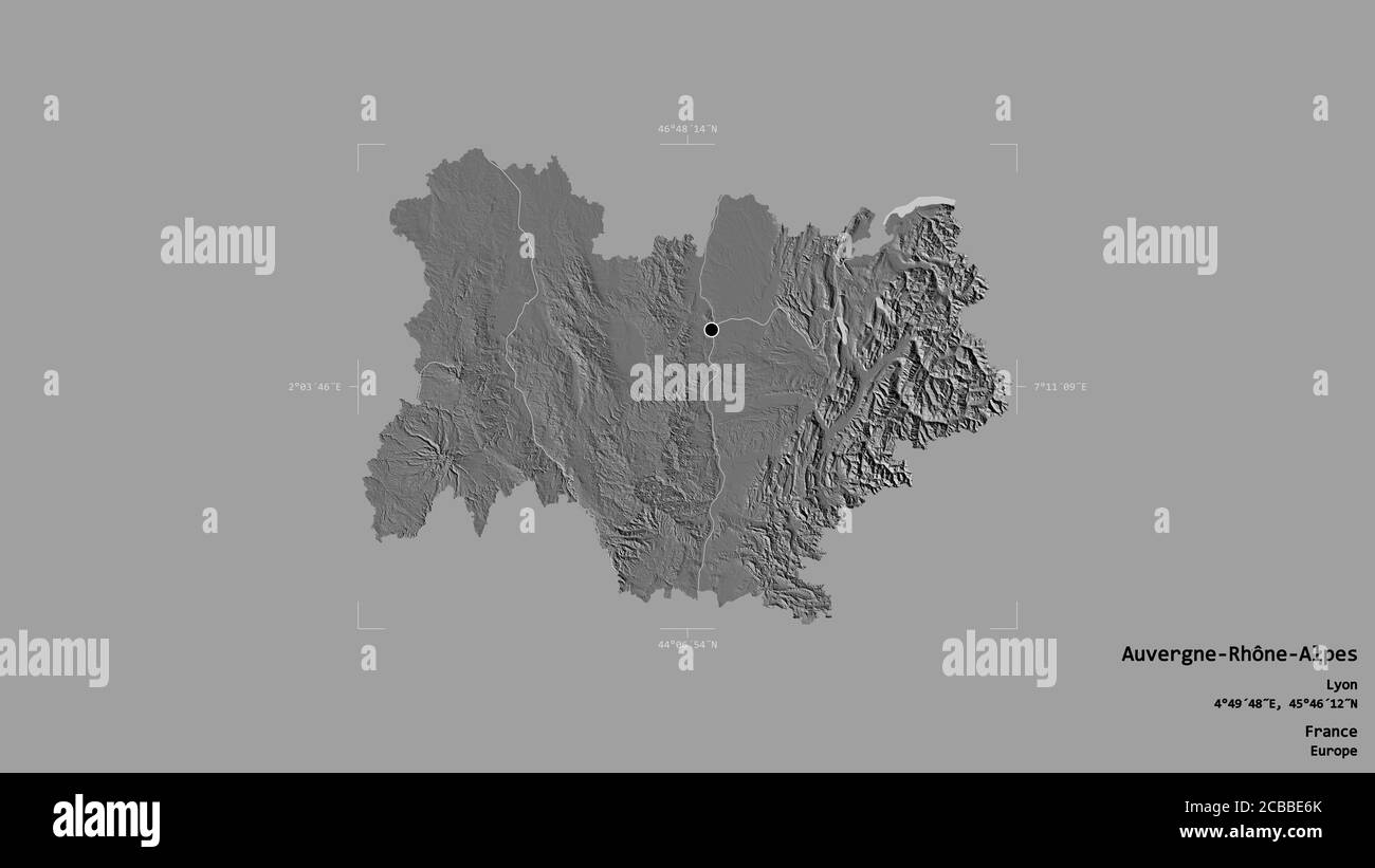 Région d'Auvergne-Rhône-Alpes, région de France, isolée sur fond solide dans une boîte englobante géoréférencée. Étiquettes. Carte d'élévation à deux niveaux. Rend 3D Banque D'Images