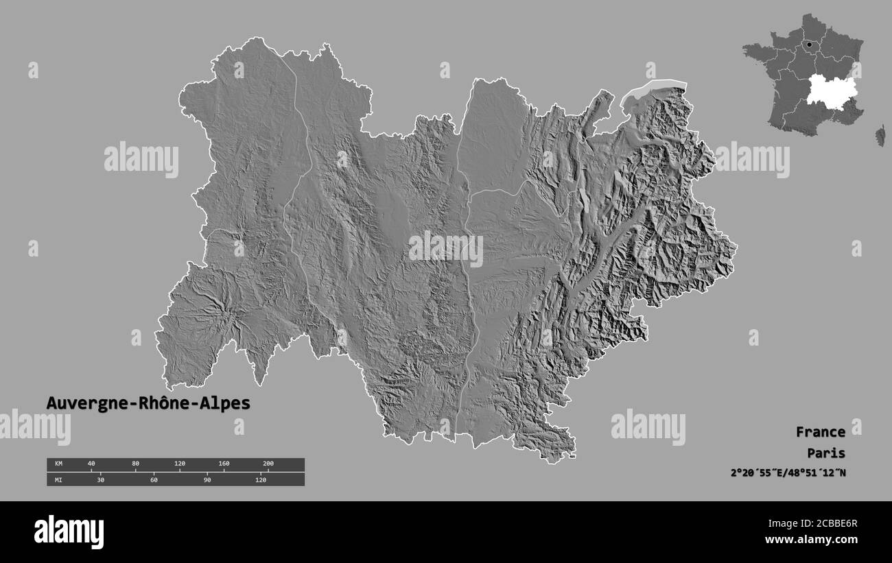 Forme d'Auvergne-Rhône-Alpes, région de France, avec sa capitale isolée sur fond solide. Échelle de distance, aperçu de la région et libellés. Niveau sonore Banque D'Images