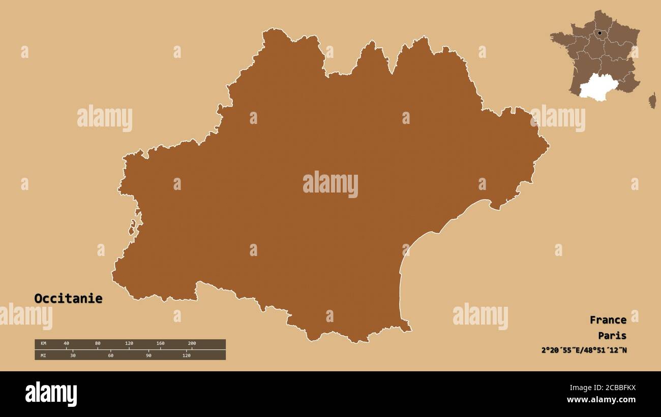 Forme de l'Occitanie, région de France, avec sa capitale isolée sur fond solide. Échelle de distance, aperçu de la région et libellés. Composition du motif Banque D'Images