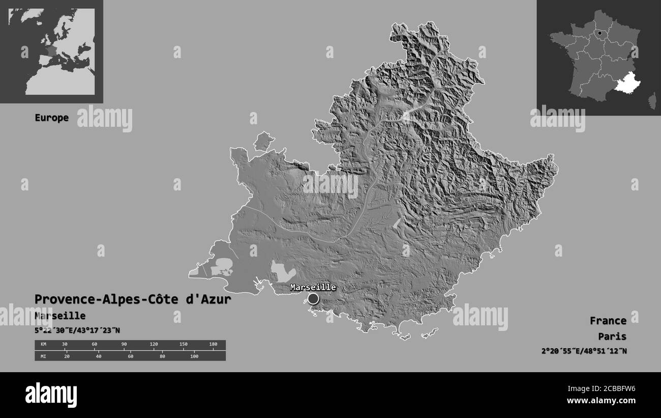 Forme de Provence-Alpes-Côte d'Azur, région de France, et sa capitale. Echelle de distance, aperçus et étiquettes. Carte d'élévation à deux niveaux. Rendu 3D Banque D'Images