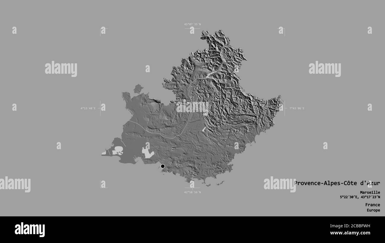 Région de Provence-Alpes-Côte d'Azur, région de France, isolée sur fond solide dans une boîte englobante géoréférencée. Étiquettes. Carte d'élévation à deux niveaux. 3 Banque D'Images