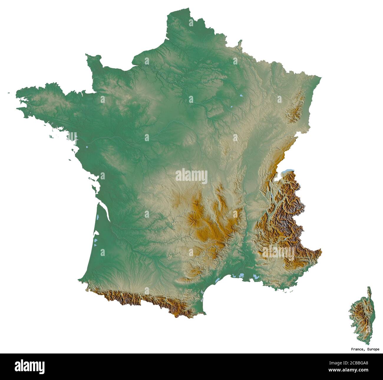 Forme de la France avec sa capitale isolée sur fond blanc. Carte topographique de relief. Rendu 3D Banque D'Images
