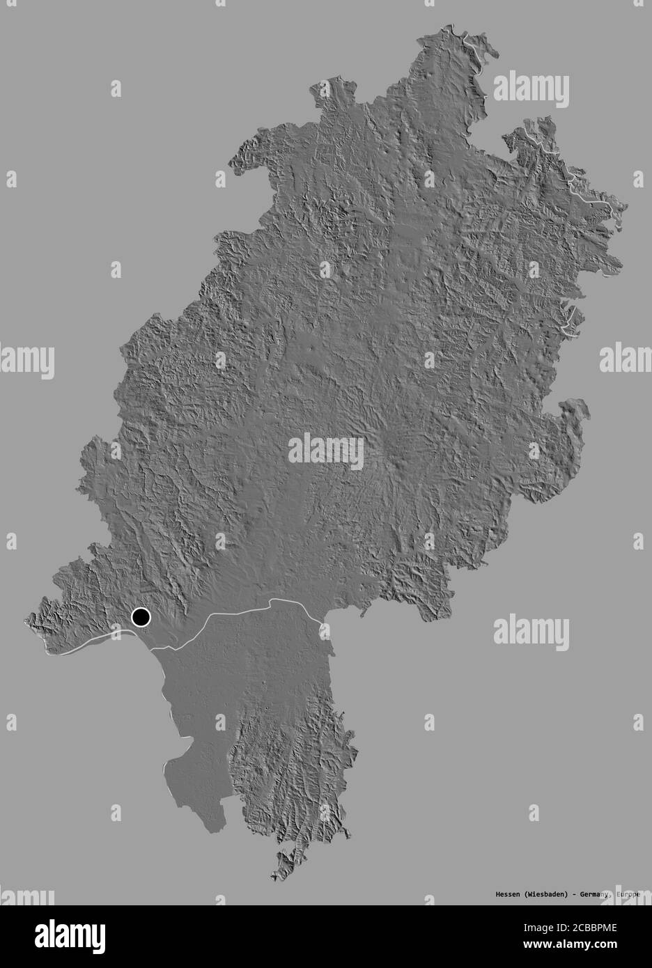 Forme de Hesse, État de l'Allemagne, avec sa capitale isolée sur un fond de couleur unie. Carte d'élévation à deux niveaux. Rendu 3D Banque D'Images