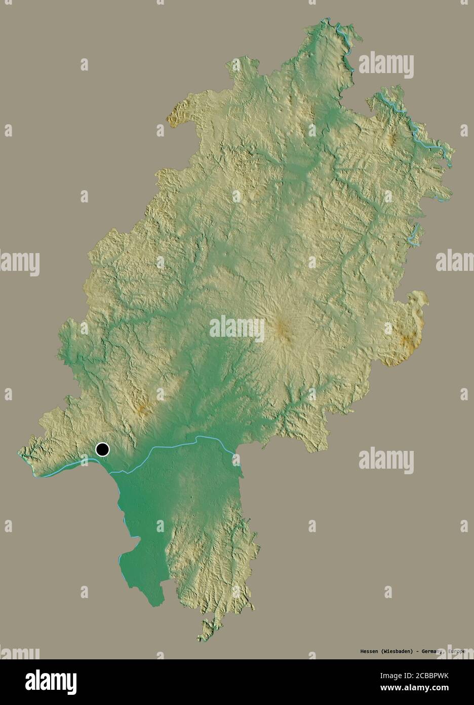 Forme de Hesse, État de l'Allemagne, avec sa capitale isolée sur un fond de couleur unie. Carte topographique de relief. Rendu 3D Banque D'Images