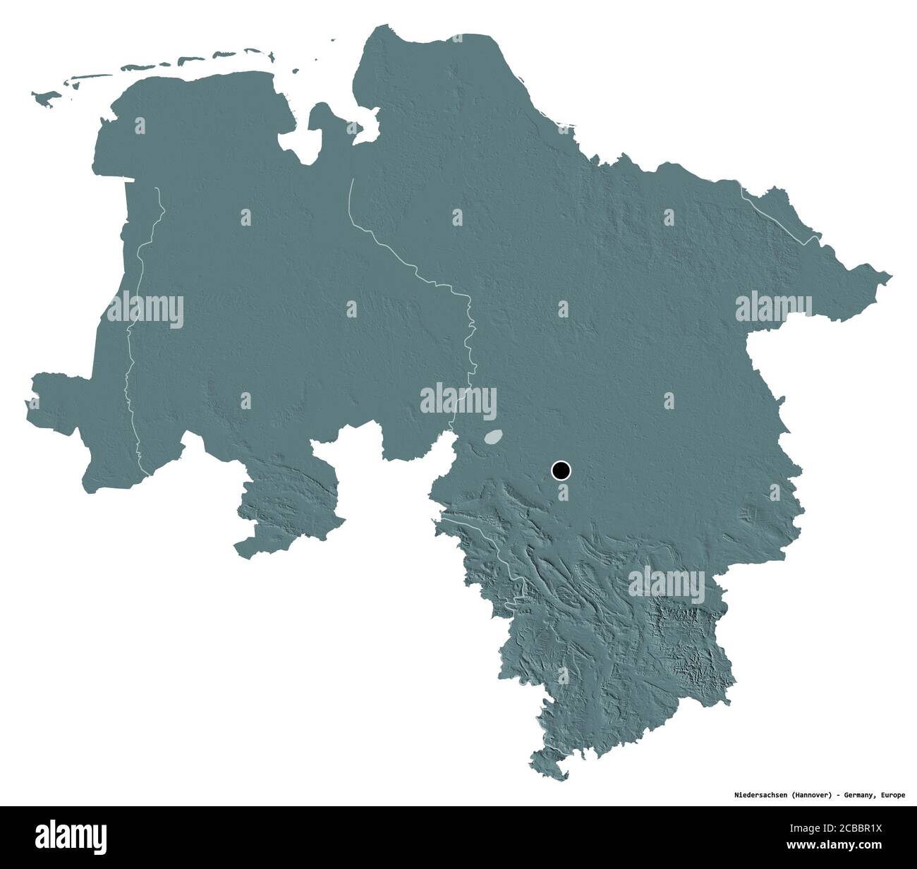 Forme de Niedersachsen, Etat d'Allemagne, avec sa capitale isolée sur fond blanc. Carte d'altitude en couleur. Rendu 3D Banque D'Images