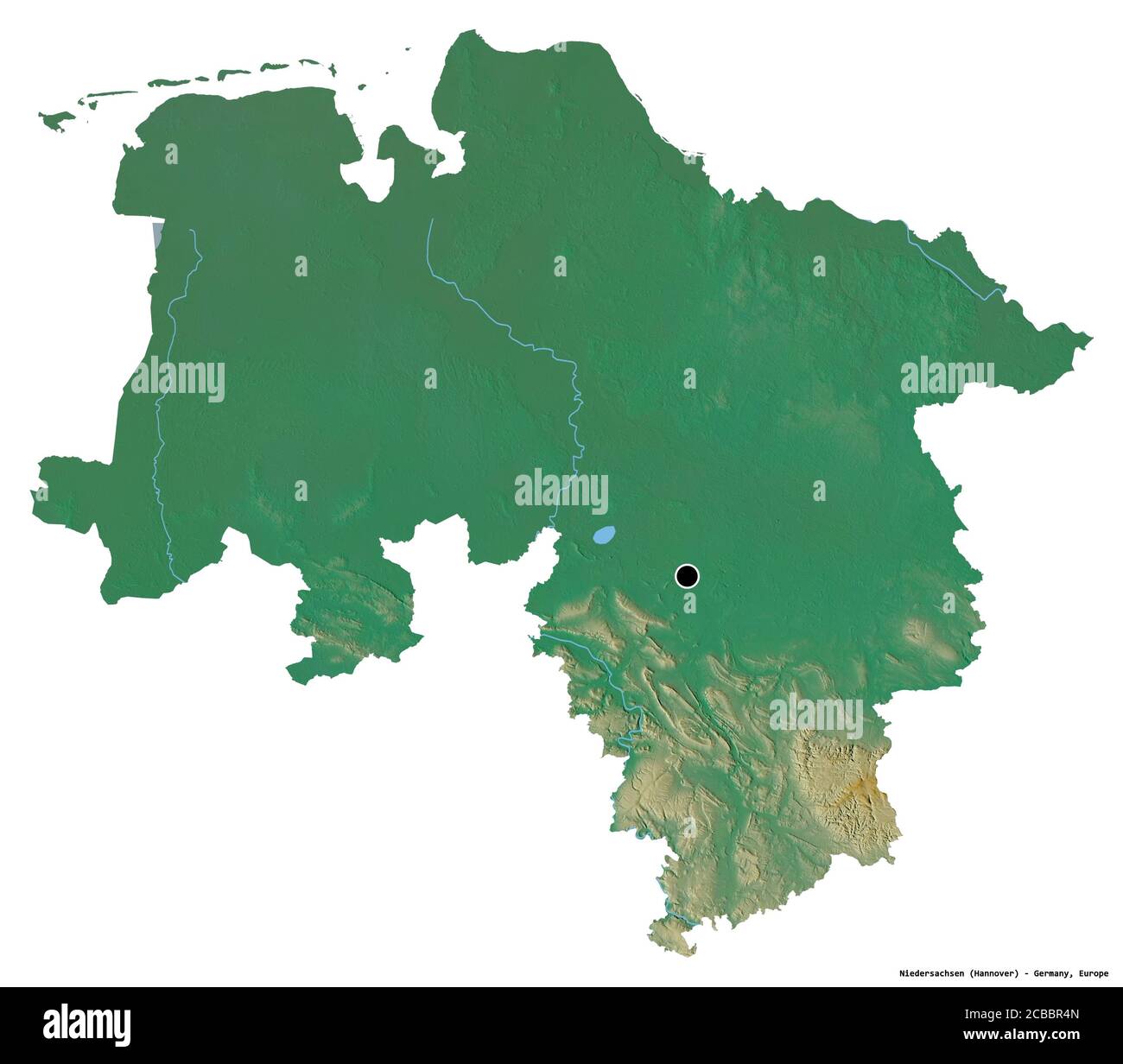 Forme de Niedersachsen, Etat d'Allemagne, avec sa capitale isolée sur fond blanc. Carte topographique de relief. Rendu 3D Banque D'Images