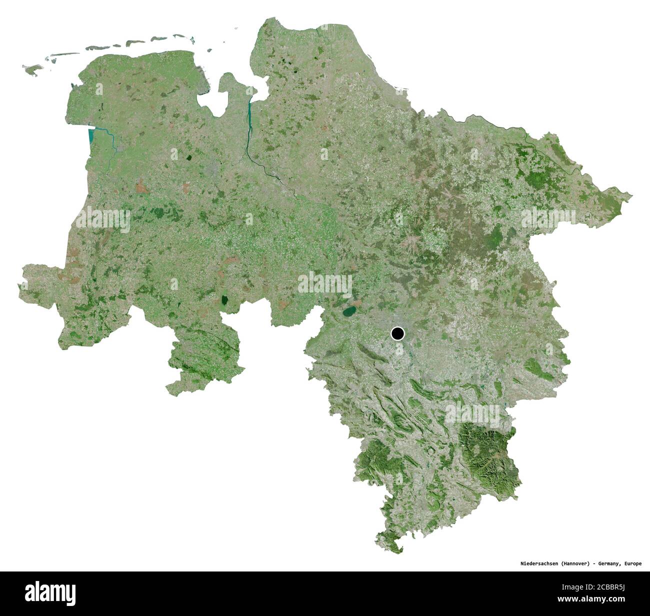 Forme de Niedersachsen, Etat d'Allemagne, avec sa capitale isolée sur fond blanc. Imagerie satellite. Rendu 3D Banque D'Images