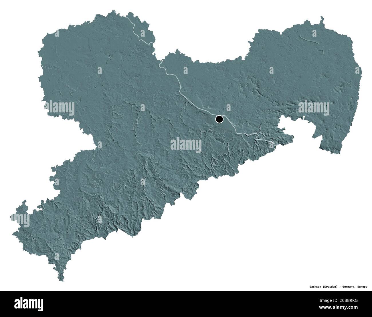 Forme de Sachsen, Etat d'Allemagne, avec sa capitale isolée sur fond blanc. Carte d'altitude en couleur. Rendu 3D Banque D'Images