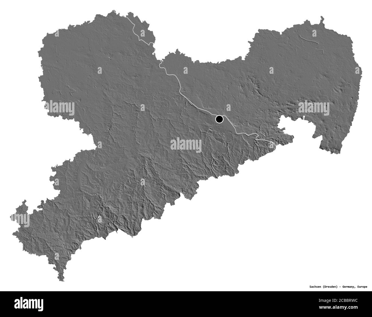 Forme de Sachsen, Etat d'Allemagne, avec sa capitale isolée sur fond blanc. Carte d'élévation à deux niveaux. Rendu 3D Banque D'Images