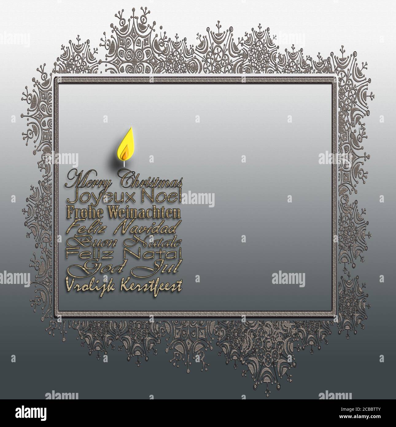 Traduction de Merry Christmas. Vœux internationaux de Noël en plusieurs langues Anglais, Français, Allemand, Portugais, Italien, Espagnol, Suédois, Néerlandais. Avec bordure en flocon de neige, illustration 3D Banque D'Images