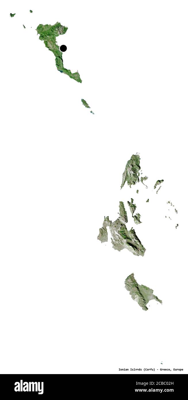 Forme des îles Ioniennes, administration décentralisée de la Grèce, avec sa capitale isolée sur fond blanc. Imagerie satellite. Rendu 3D Banque D'Images